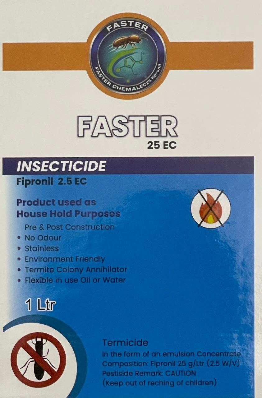 Faster 25 EC product label showing Fipronil 2.5% EC and batch details